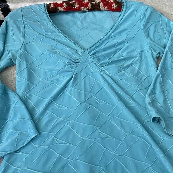 y2k Top Stretch Blouse Balletcore Fairycore Turquoise Teal Ruched Sexy - Picture 5 of 14